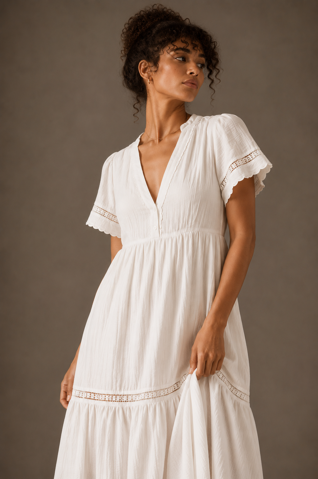 White Cotton Gauze Lace Trim Midi Dress