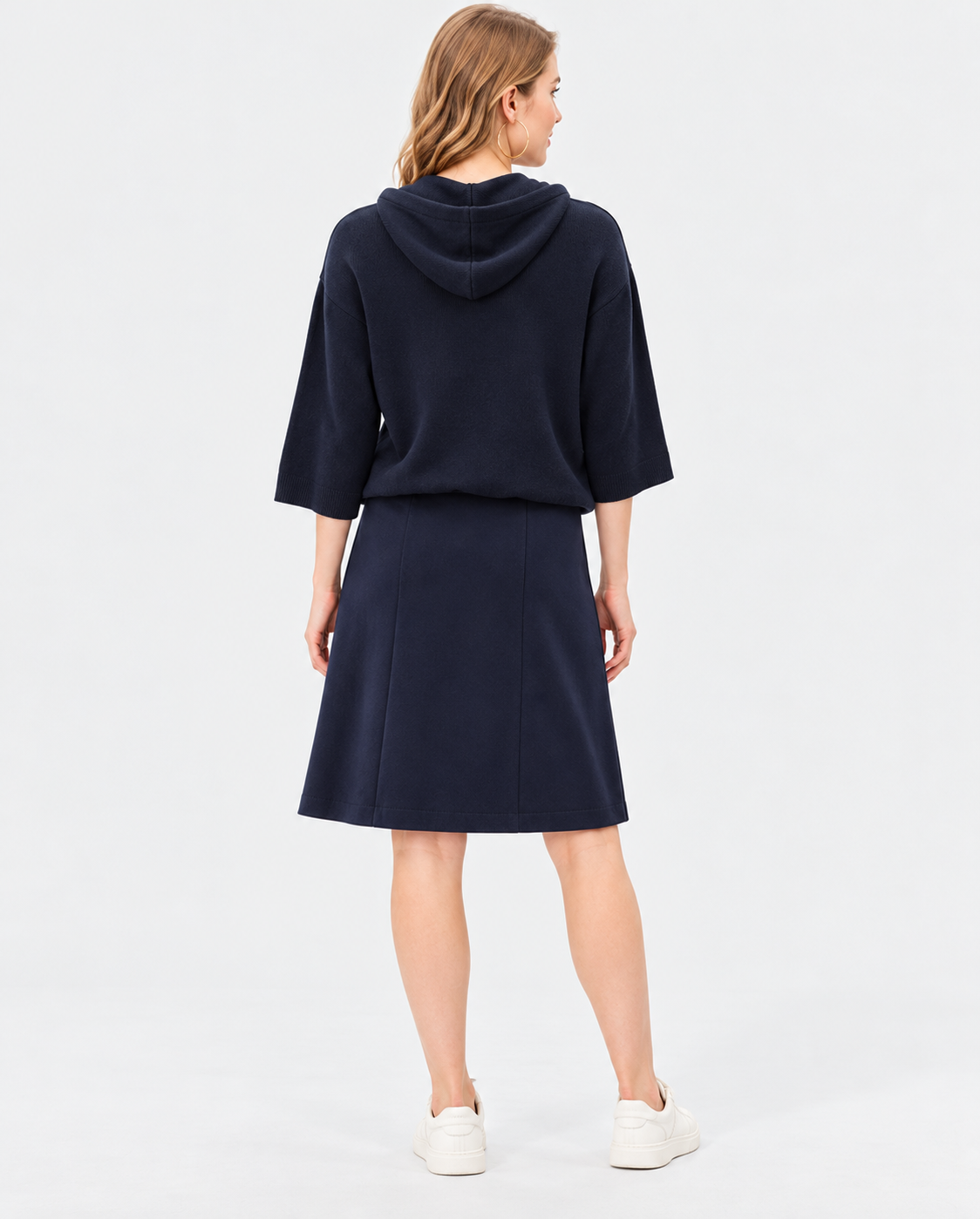 Women's Navy Blue Wool Knit Hoodie with Gold Button Skirt Set