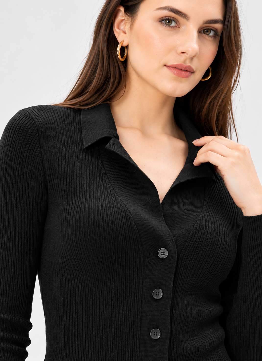 black wool knit button-front cardigan for women