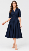 Poplin Collared Button Front Belted Midi Dress