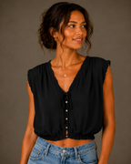 Black Cotton V-Neck Button-Front Crop Top with Drawstring Detail