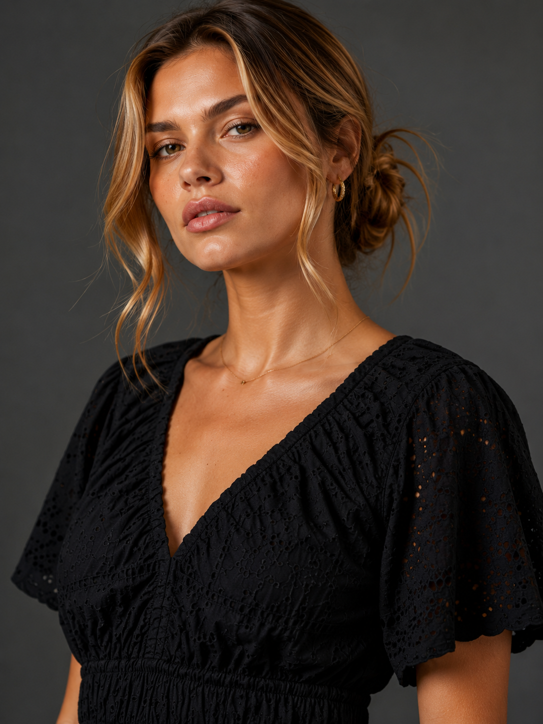 Black Cotton Eyelet Lace Peplum V-Neck Short Sleeve Top