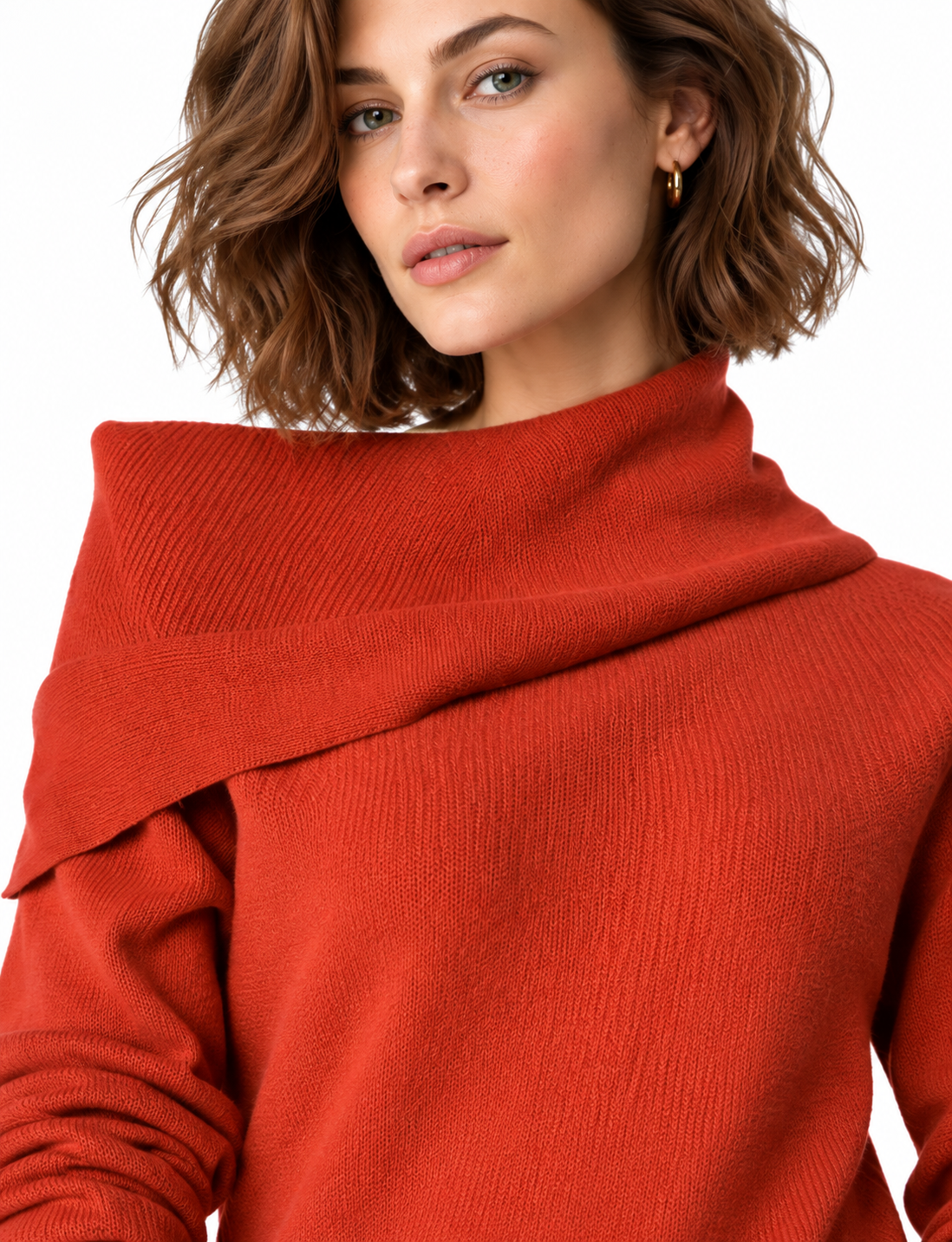 women's rust orange rib knit asymmetric high neck sweater
