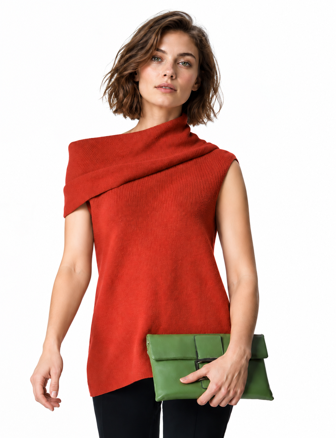 women's rust orange rib knit asymmetric high neck sweater