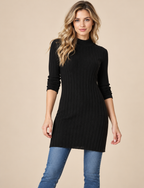 Women's Black Wool Blend Rib Knit Sweater Dress with Mock Neck and 3/4 Sleeves