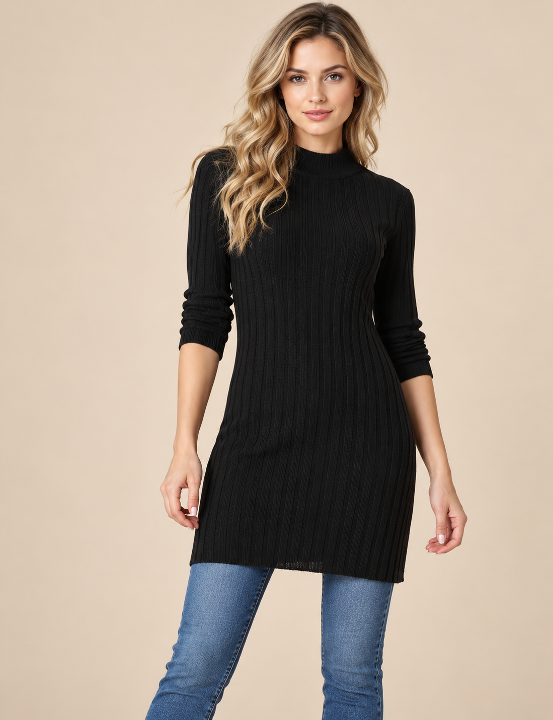 Women's Black Wool Blend Rib Knit Sweater Dress with Mock Neck and 3/4 Sleeves