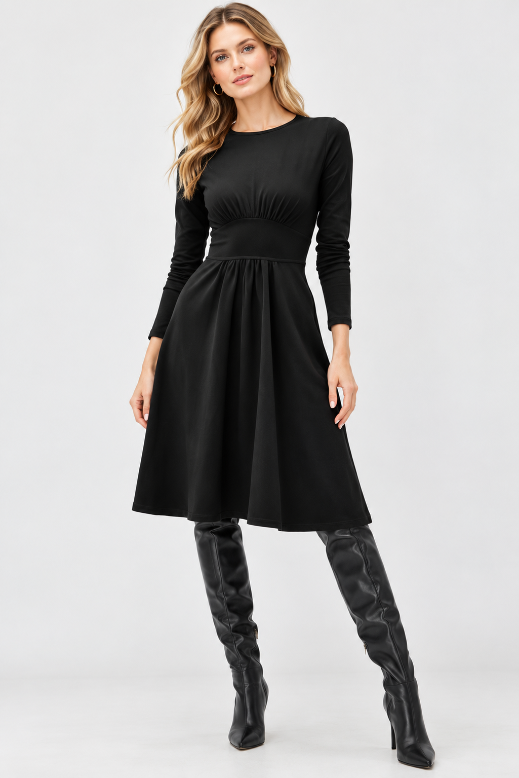 women's black cotton jersey long sleeve fit and flare midi dress
