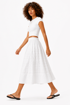 White Pintuck A-Line Midi Skirt