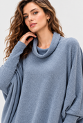 Women's Blue Cowl Neck Oversized Linen Cotton Top