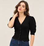 Women's Black Cotton Knit Cardigan with Puff Sleeves and Button Front