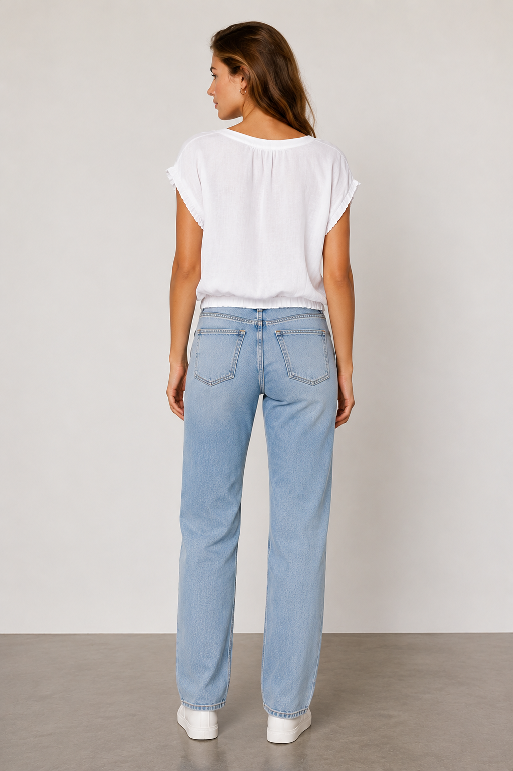 White Cotton Linen Ruffle Trim Zip Front Relaxed Fit Top