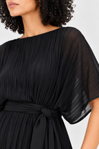 Black Poly Chiffon Lurex Stripe Pleated Midi Dress