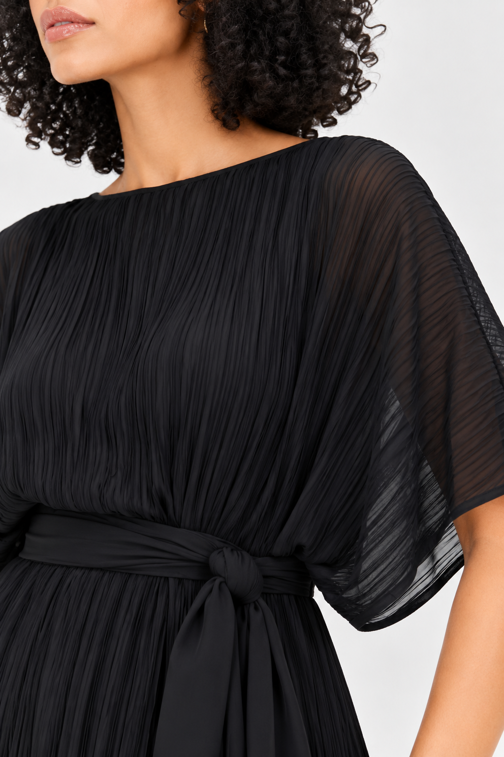 Black Poly Chiffon Lurex Stripe Pleated Midi Dress