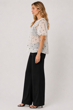 White Polyester Polka Dot Scalloped Collar Pleated Detail Puff Sleeve Top