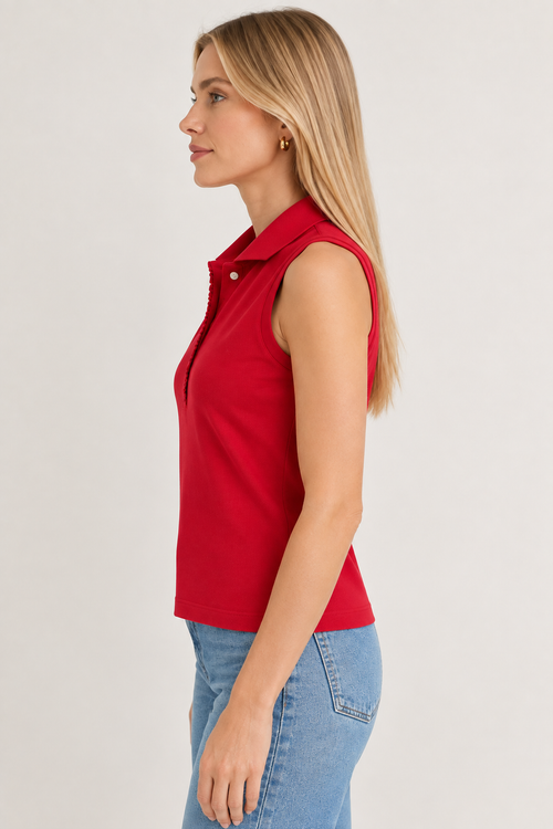 Women’s Red Cotton Jersey Sleeveless Polo Top