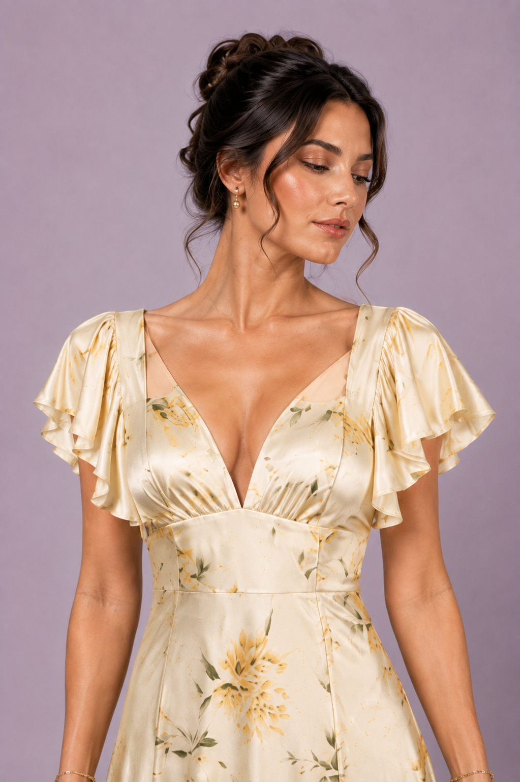 Floral Satin Flutter Sleeve Maxi Dress
