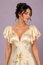 Floral Satin Flutter Sleeve Maxi Dress