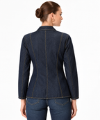 Women's Dark Blue Denim Blazer Jacket with Contrast Stitching & Shawl Lapel | Tailored Casual Jacket