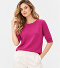 Women's Pink Rib Knit Top with Round Neck and Half Sleeves