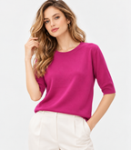 Women's Pink Rib Knit Top with Round Neck and Half Sleeves