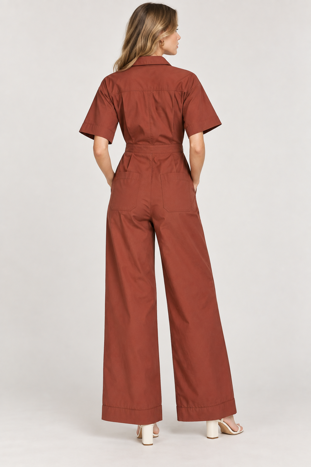 Women’s Rust Brown Cotton Wide-Leg Utility Jumpsuit
