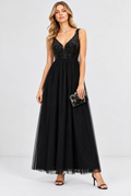 Black Sequin Mesh & Sheer Tulle Maxi Dress
