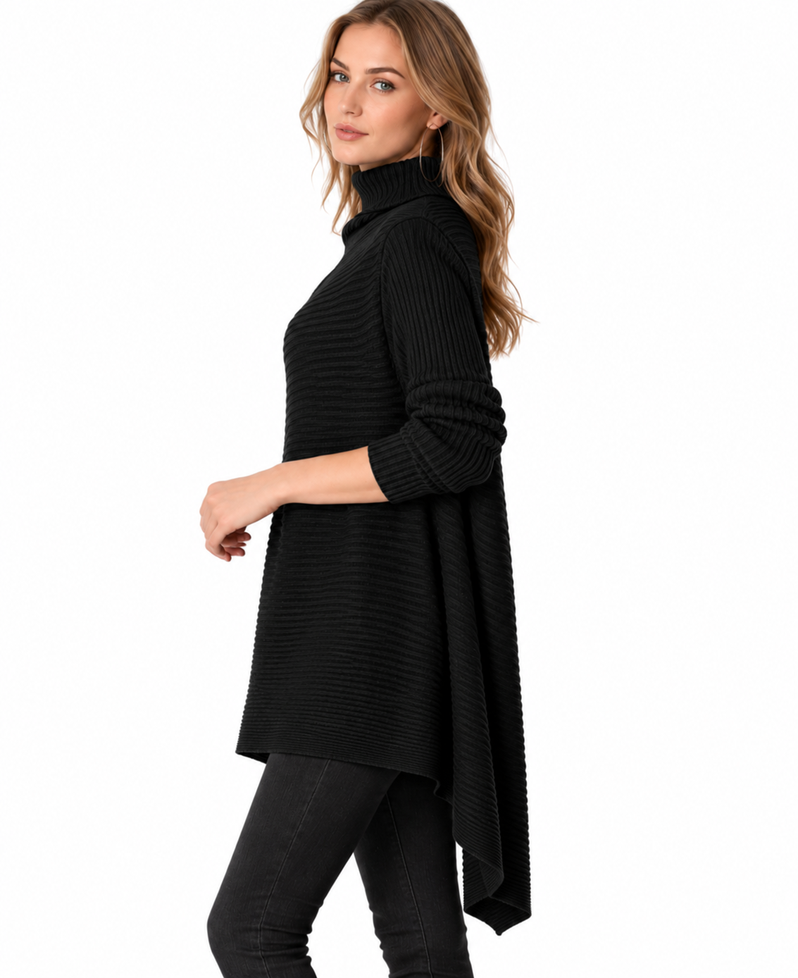 women's black wool blend rib knit turtleneck sweater