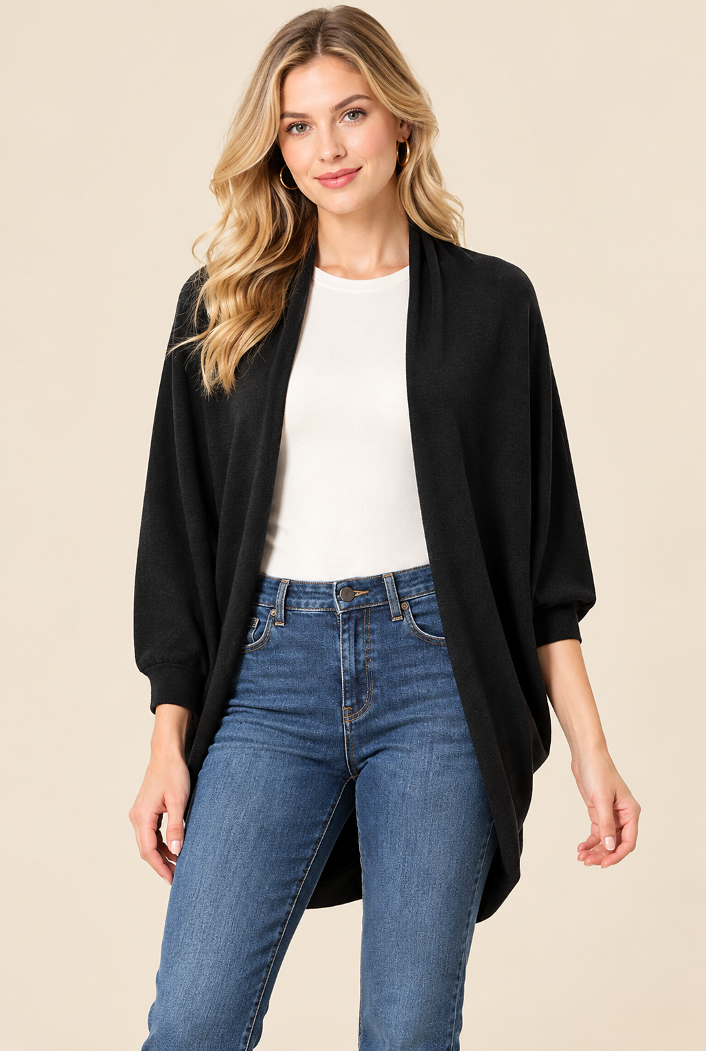 Women's Black Wool Knit Cardigan with Open Front and Relaxed Fit