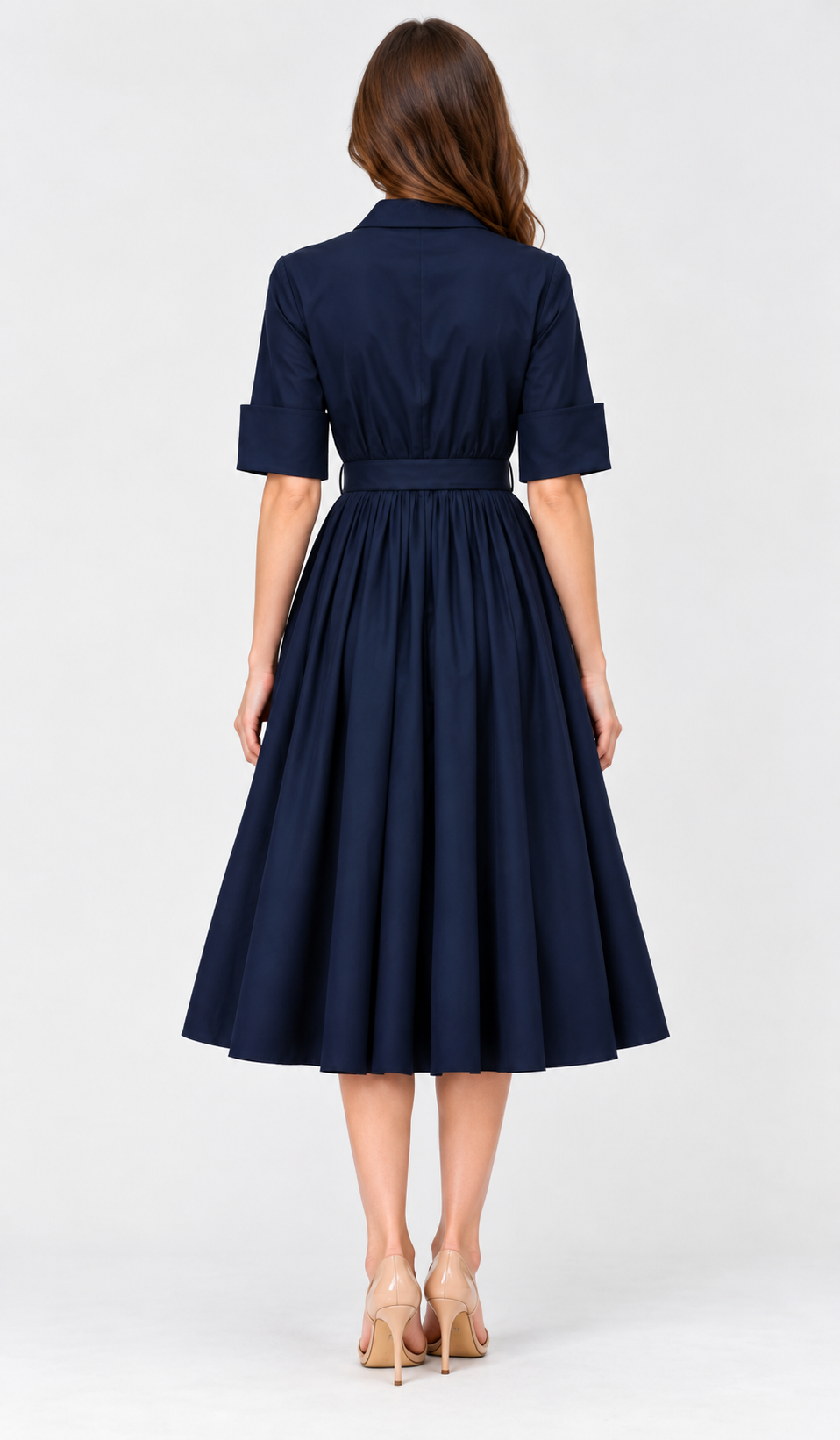 Poplin Collared Button Front Belted Midi Dress
