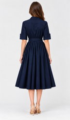 Poplin Collared Button Front Belted Midi Dress