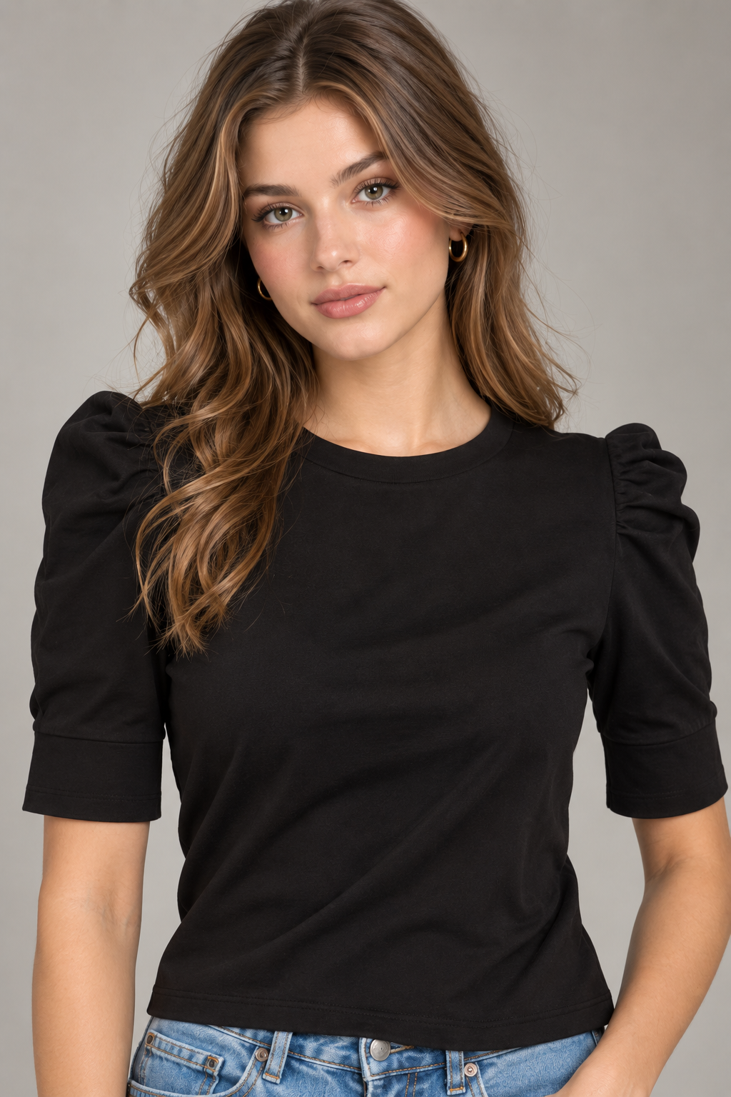 Women’s Black Cotton Puff Sleeve Top