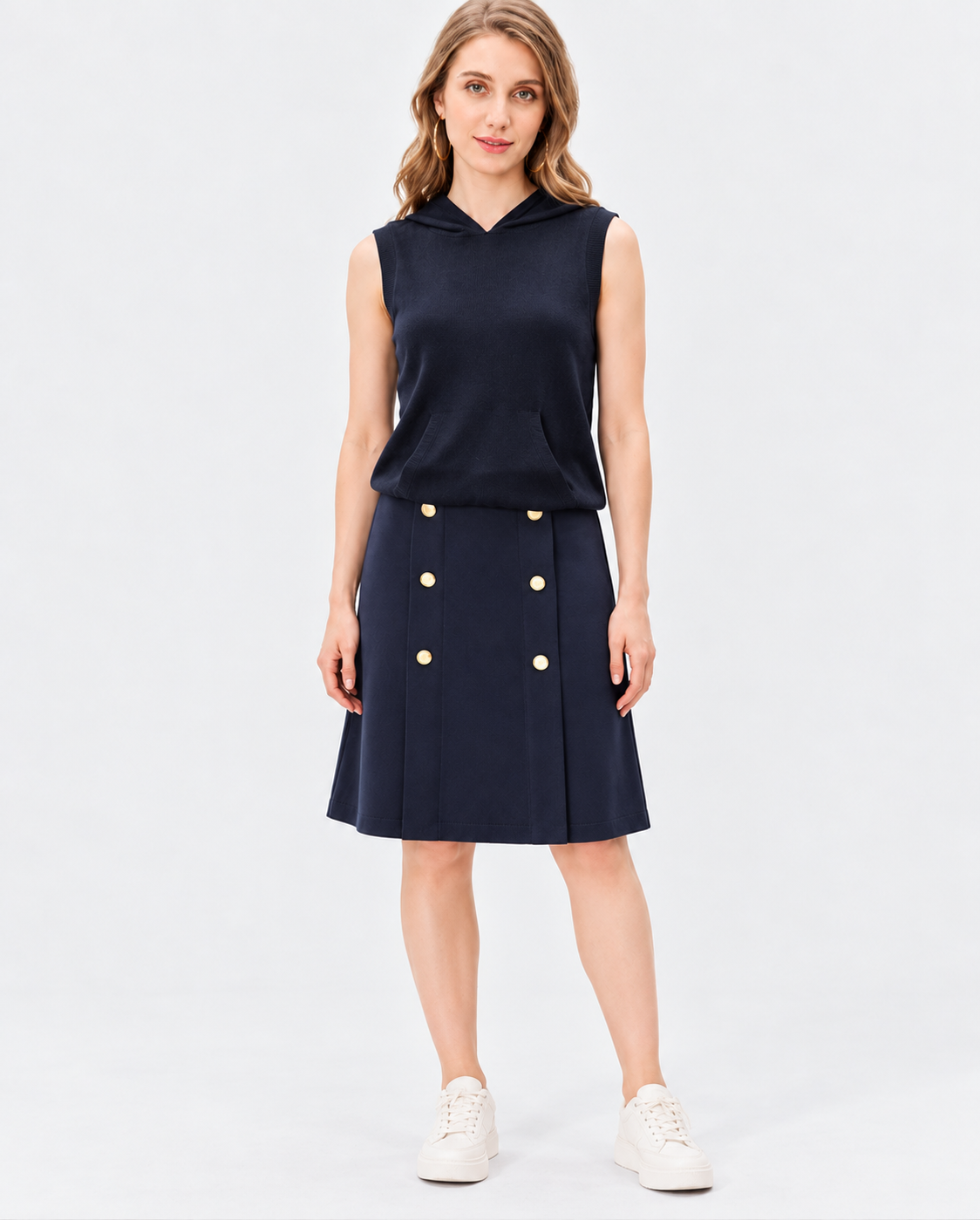 Women's Navy Blue Wool Knit Hoodie with Gold Button Skirt Set