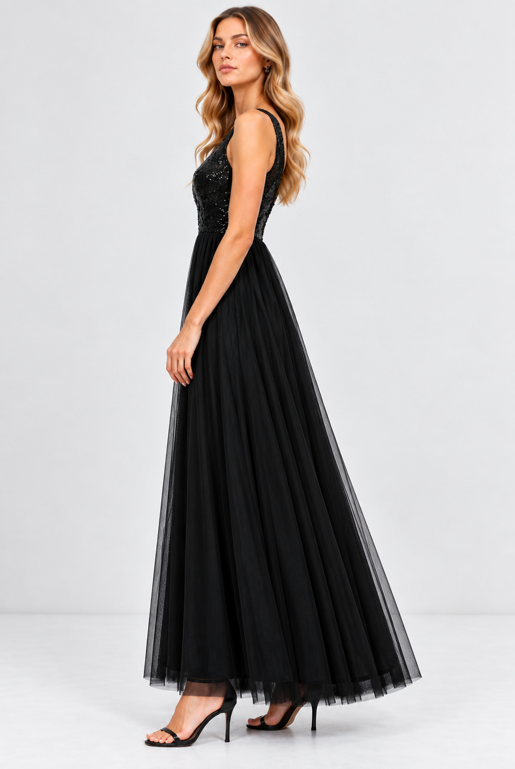 Black Sequin Mesh & Sheer Tulle Maxi Dress