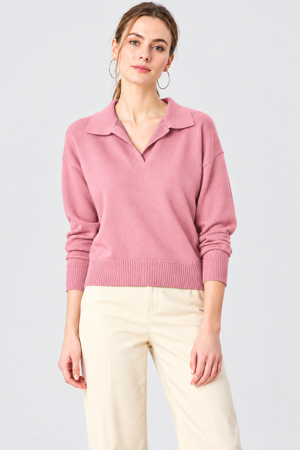 women's pink jersey knit polo collar sweater