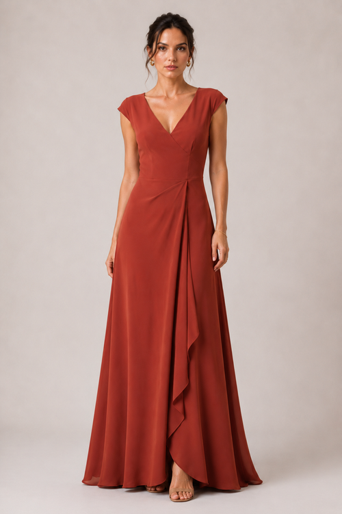 A woman modeling a rust-colored, floor-length gown with a wrap-style V-neck bodice, cap sleeves, and a draped asymmetrical skirt, set against a plain light gray studio background.