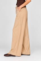women's beige wide leg drawstring pants with relaxed fit and side pockets