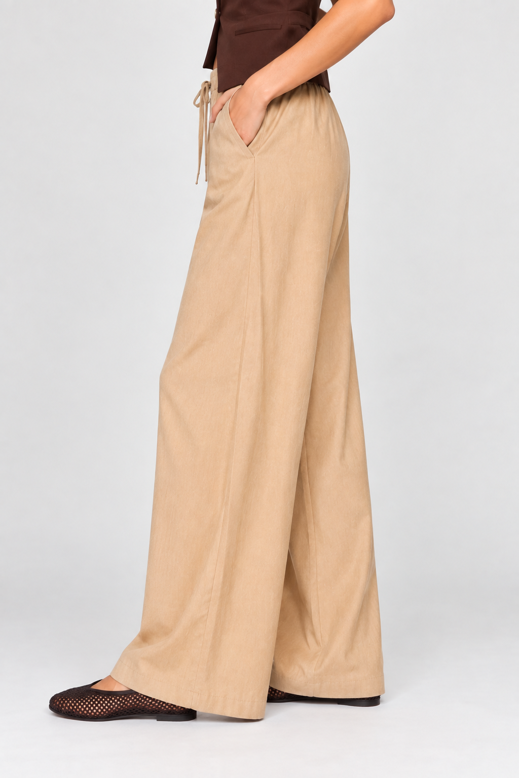 women's beige wide leg drawstring pants with relaxed fit and side pockets