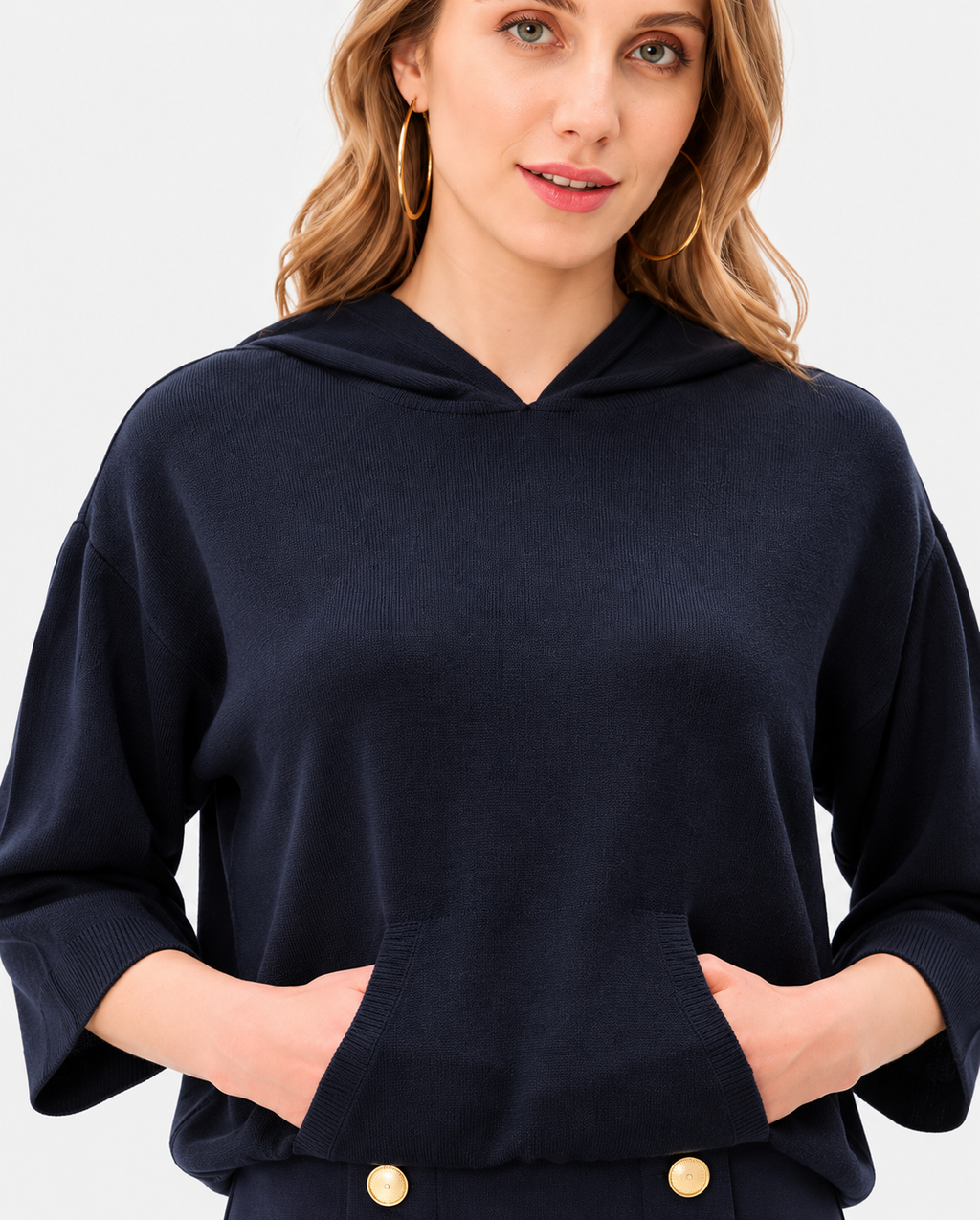 Women's Navy Blue Wool Knit Hoodie with Gold Button Skirt Set