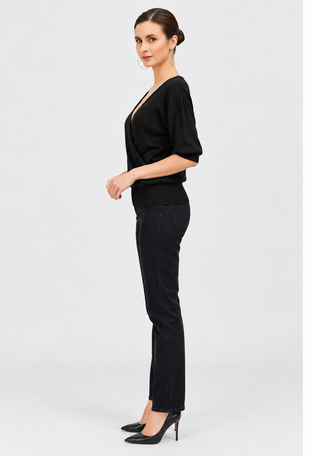 women's black linen cotton rib knit wrap top with v-neck