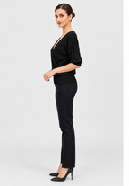 women's black linen cotton rib knit wrap top with v-neck