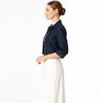 Women's Dark Blue Denim Cropped Jacket with Button Front and Turn-Up Sleeves