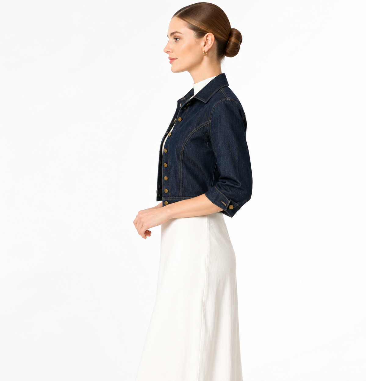Women's Dark Blue Denim Cropped Jacket with Button Front and Turn-Up Sleeves