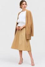 women's camel brown wool blend open-front cardigan with long sleeves and pockets