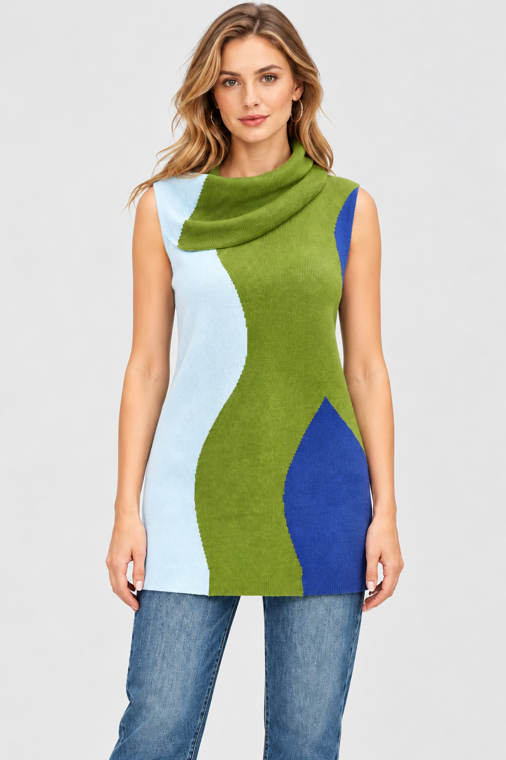 women's multicolor cotton rib knit cowl neck tunic sweater