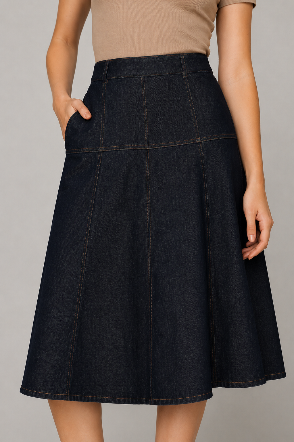 Panelled Denim A-Line Maxi Skirt
