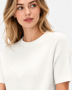 women's ivory linen cotton rib knit short sleeve top