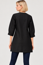 Women's Black Dupioni Embroidered Open Front Kimono Jacket with Blue Floral Detailing