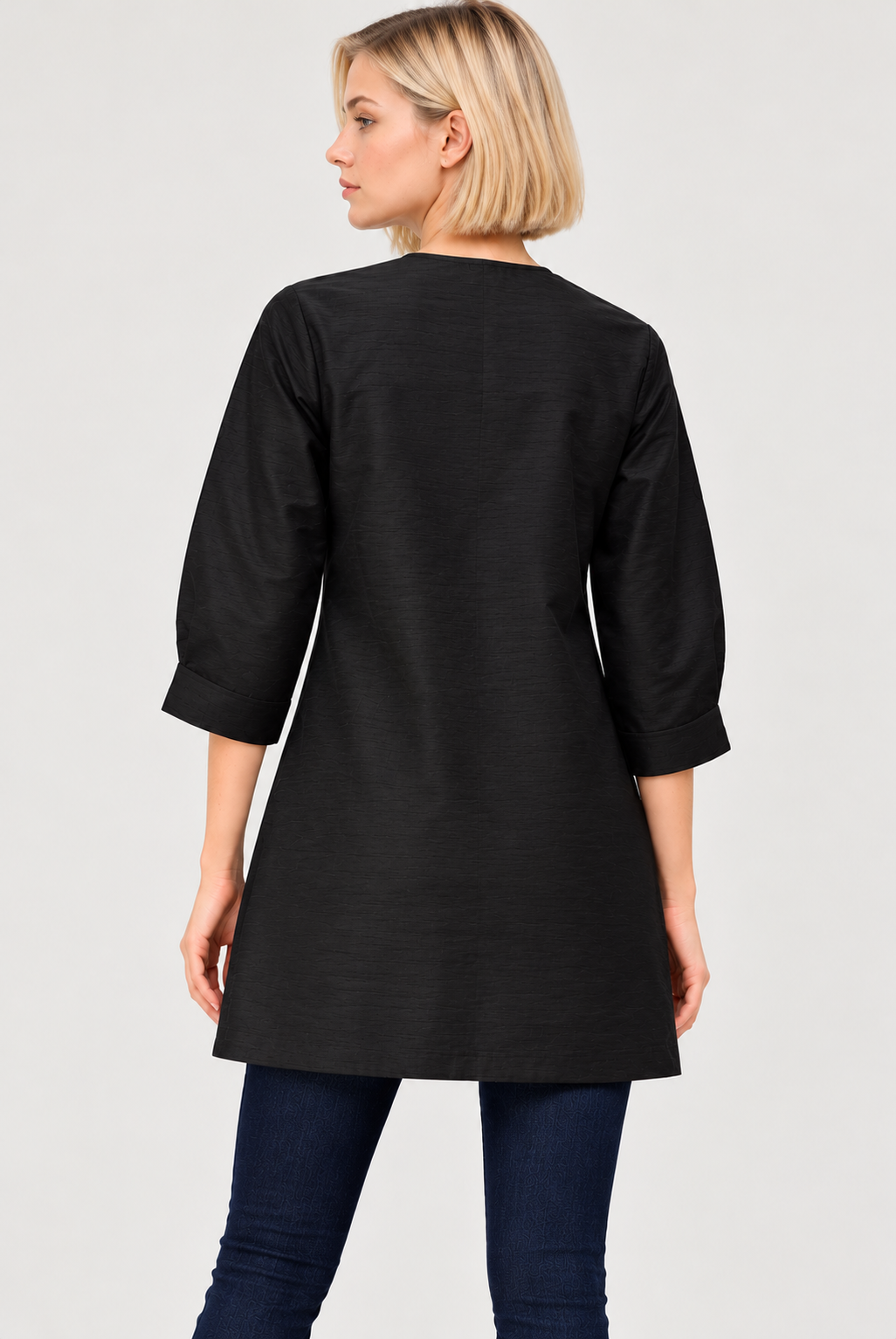 Women's Black Dupioni Embroidered Open Front Kimono Jacket with Blue Floral Detailing