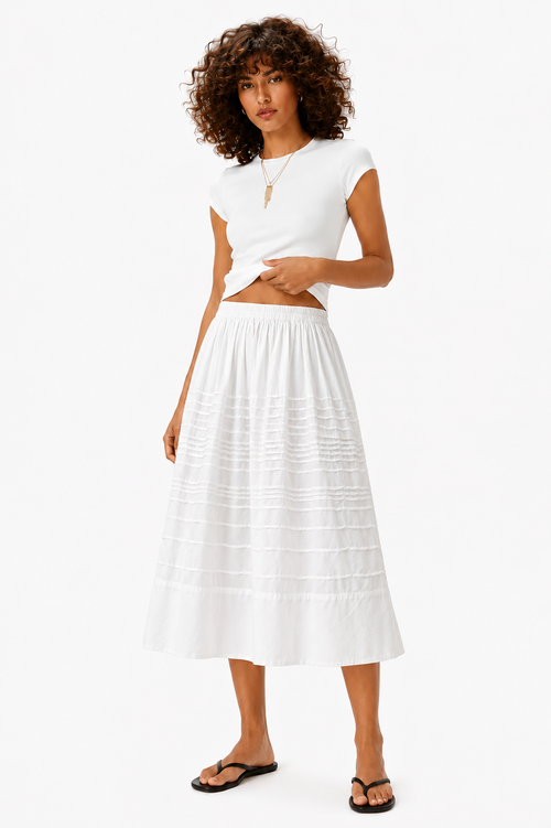 White Pintuck A-Line Midi Skirt