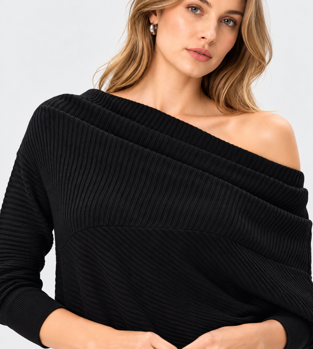 women's black wool blend rib knit off shoulder sweater